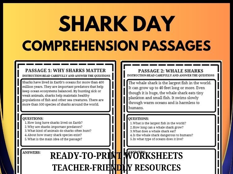 Shark Awareness Day Reading Comprehension | 20 Passages, 100 Questions & Answer Key