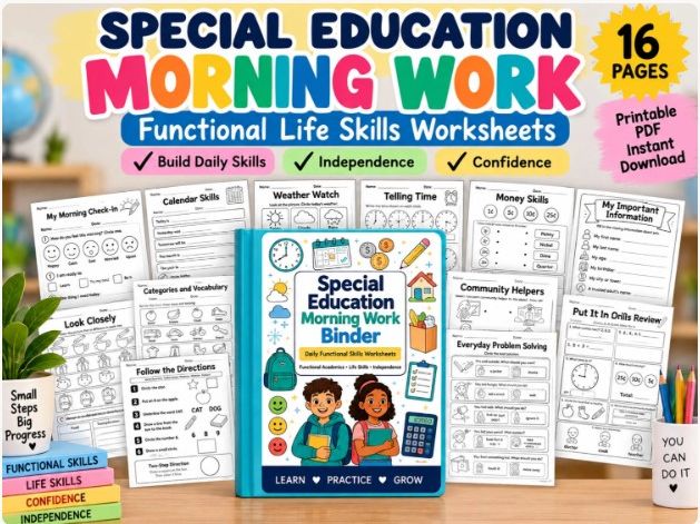 Special Education Morning Work Binder, Functional Life Skills Worksheets, Daily Skills Printable