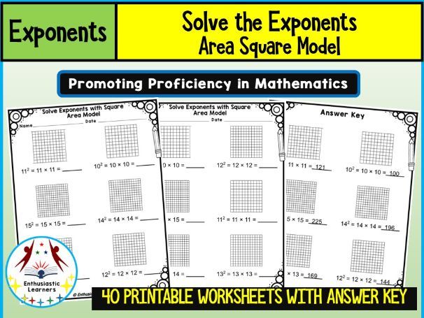 Solve the Exponents with Square Area Model - Beginner Level Worksheets Math Problems