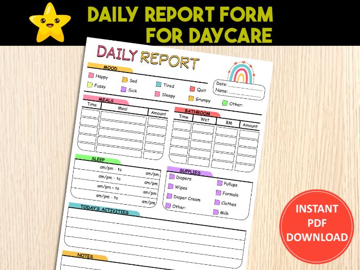 Daily Report Form for Daycare, Preschool, & Childcare | Toddler Daily Log