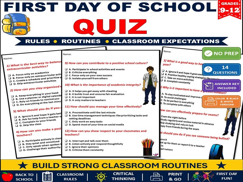 First Day of School Quiz | High School Back to School Activity | Grades 9-12