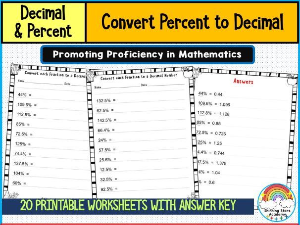 Convert Percent to Decimal Worksheets | Math Conversion Practice