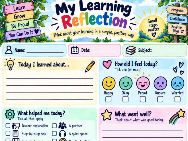 SEND-Friendly Learning Reflection Sheets | Colourful A4 Printable | Self-Assessment & Targets