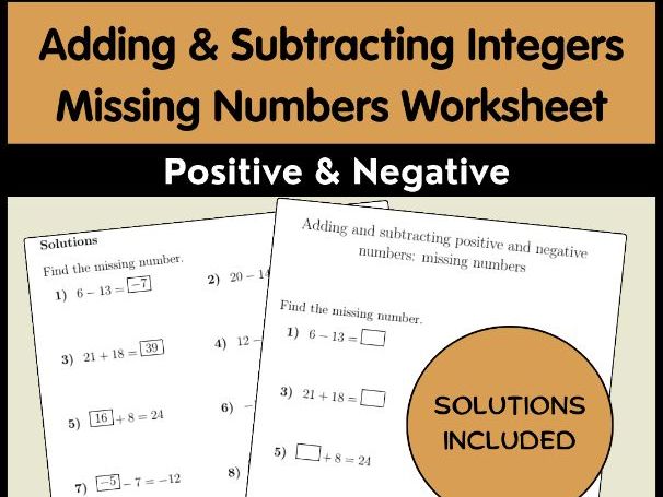 Adding & Subtracting Integers Missing Numbers Worksheet | Positive & Negative
