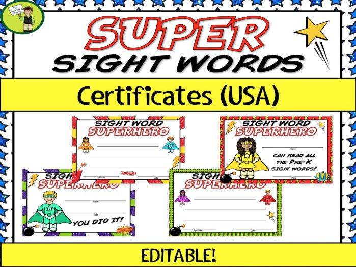 sight word certificate printables
