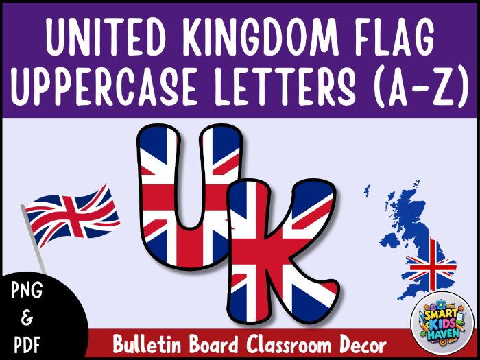United Kingdom Flag Bulletin Board Letters Uppercase Alphabet A-Z Classroom Deco