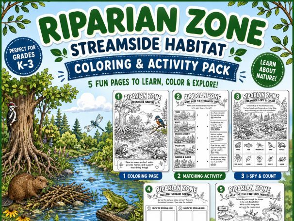 Riparian Zone Streamside Habitat Coloring & Activity Pack (K-Grade 3)