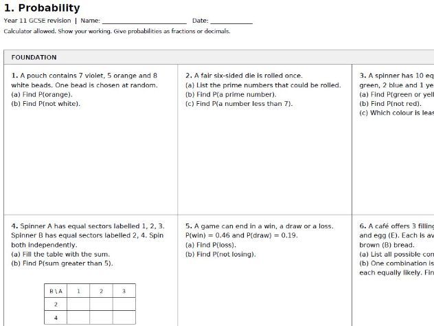 GCSE Maths Probability Mats & Worked Answers