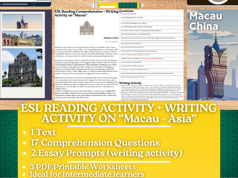 ESL Reading Comprehension + Writing Activity Worksheets on "Macau" - Asia