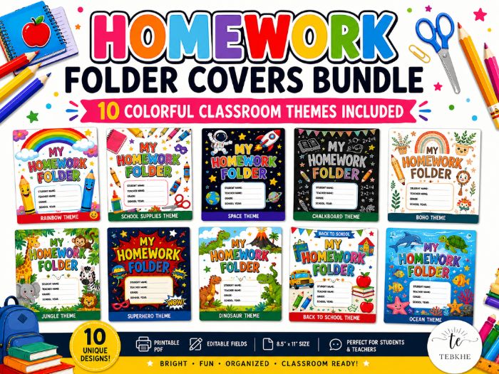Homework Folder Covers, 10 Colorful Classroom Themes, Back to School Organizatio