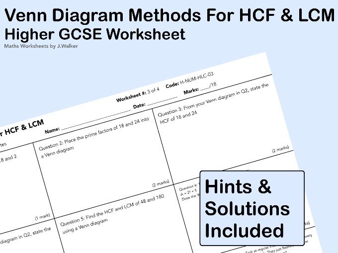 GCSE Maths Worksheet: Venn Diagram Methods for HCF & LCM- Higher Tier