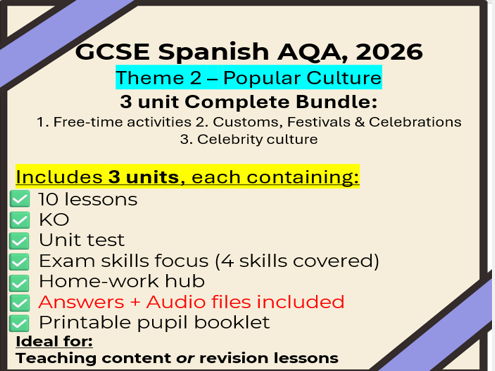 GCSE Spanish Theme 2: 30 lessons + extras (free-time, customs/festivals + celebrations, celebrity culture AQA 2026)