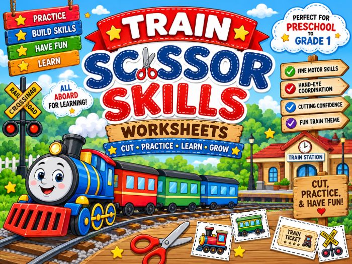 Train Scissor Skills Worksheets | Cutting Practice & Fine Motor Activities | Preschool–Grade 1