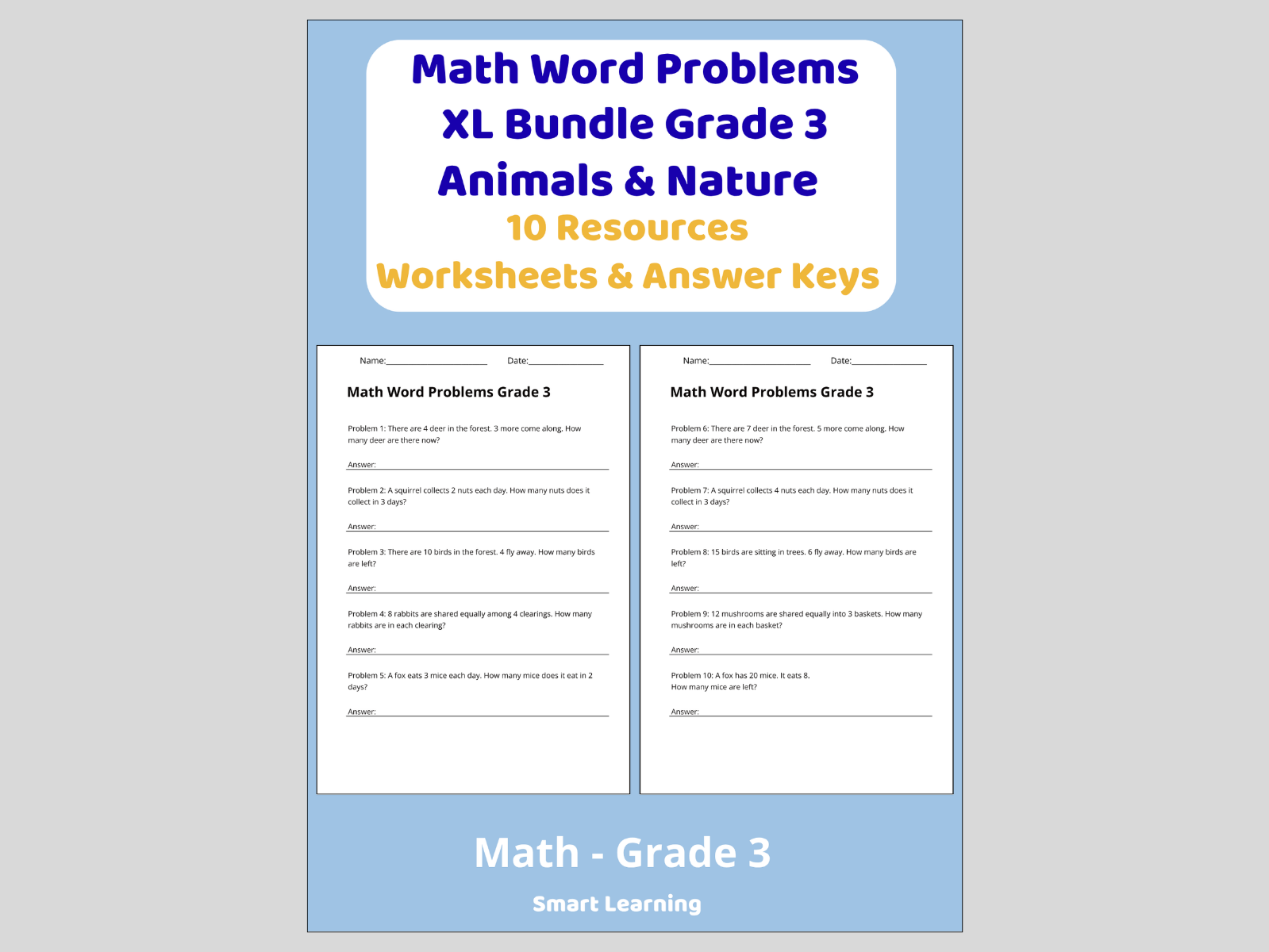 Math Word Problems Animals XXL Bundle Grade 3 | 10 Resources with Answer Keys