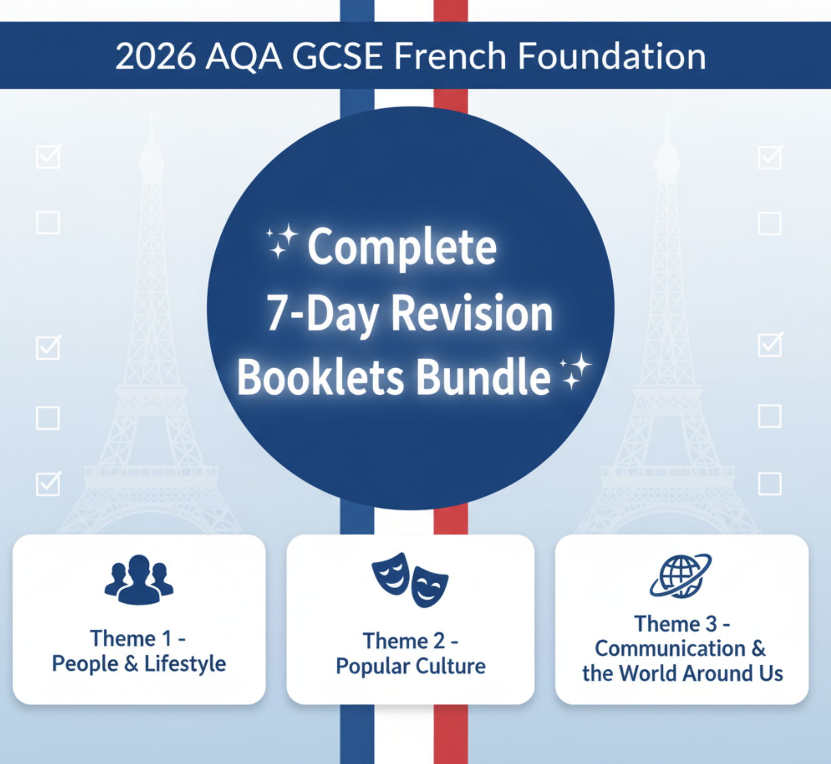 2026 AQA GCSE French Foundation – Complete 7-Day Revision Booklets Bundle (Themes 1–3, 9 Topics)