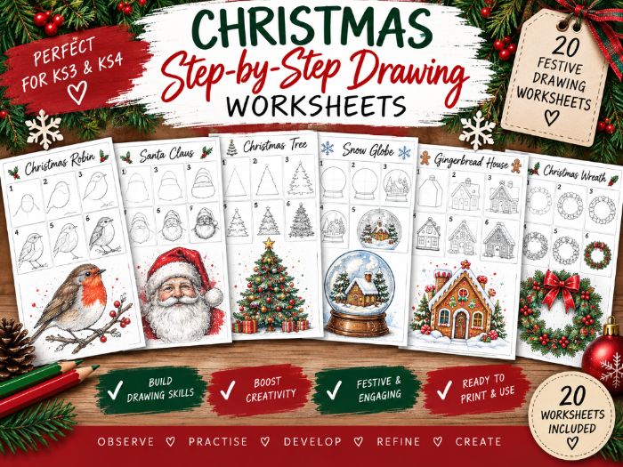 Christmas Step-by-Step Drawing Worksheets | 20 Festive Art Activities | KS3 & KS4 | Shading & Drawin