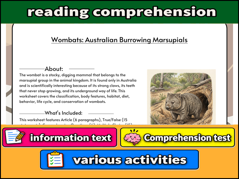 Wombats: Australian Burrowing Marsupials  & Comprehension Test