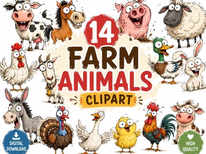 Funny Farm Animals Clipart Hand Drawn Cartoon Animals | Watercolor Doodle Style