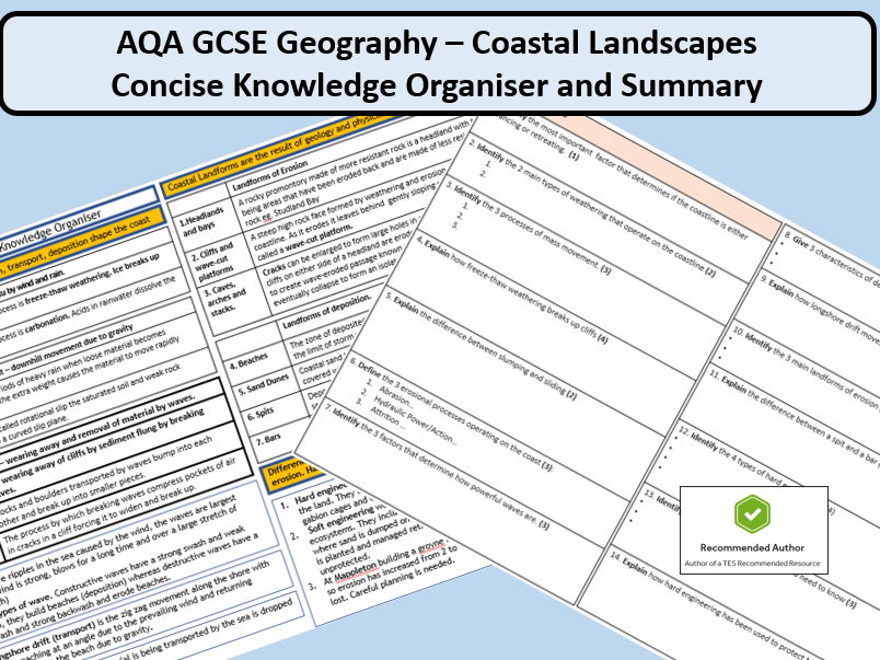 AQA GCSE Geography – Coastal Landscapes Concise Knowledge Organiser and Summary