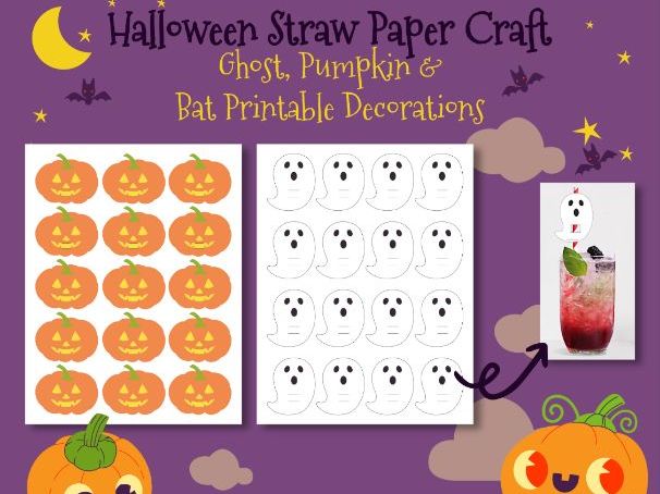 Halloween Straw Paper Craft | Ghost, Pumpkin & Bat Printable Decorations