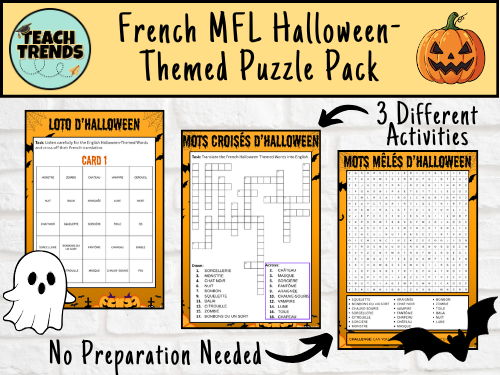 French Halloween Activity Pack | Wordsearch, Crossword & Bingo | KS2/KS3 MFL