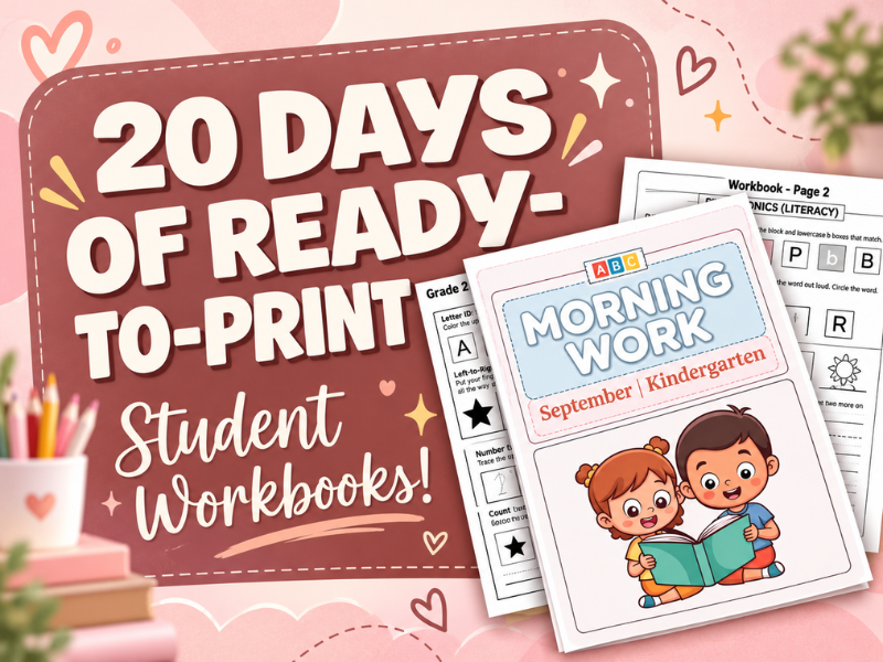 September Morning Work Kindergarten Worksheets — Daily ELA & Math Spiral Review (20 Days)