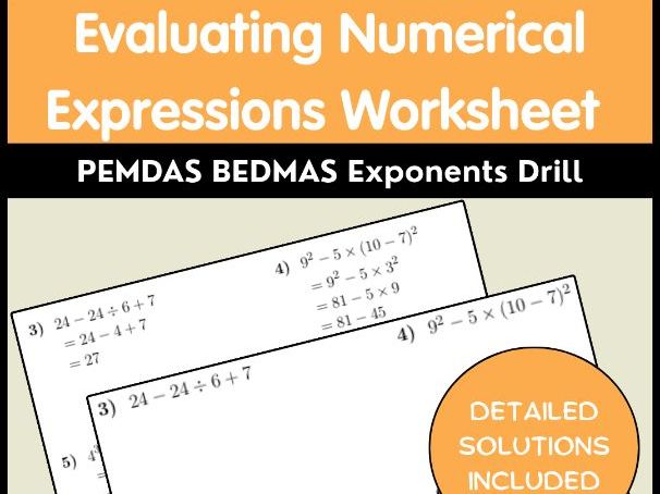Evaluating Numerical Expressions Worksheet | PEMDAS BEDMAS Exponents Drill