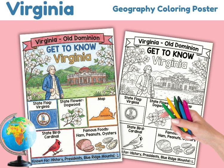 Virginia Geography Coloring Poster | State Facts & Symbols