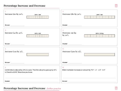 Percentage Increase Decrease Worksheet GCSE