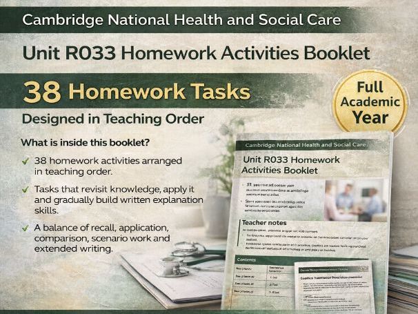 OCR Health and Social Care R033 Homework Activities | Full Year weekly Activities
