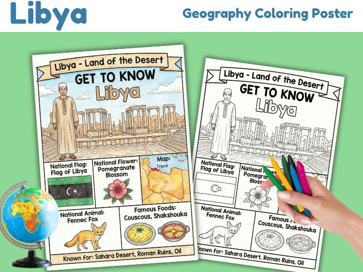 Libya Geography Coloring Poster | Country Facts & Map Worksheet