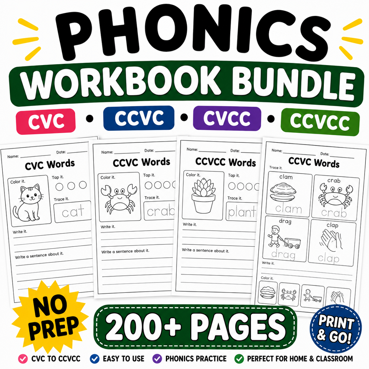 Phonics Workbook Bundle for Students | CVC, CVCC and Reading Practice