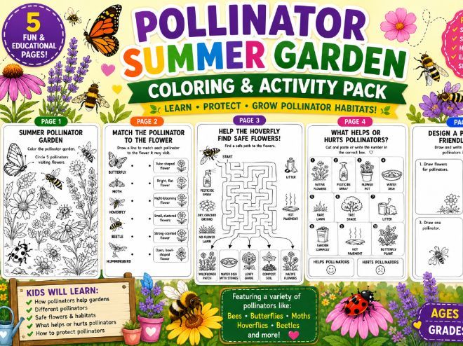 Pollinator Summer Garden Coloring Pages and Activities | Pollinator Worksheets
