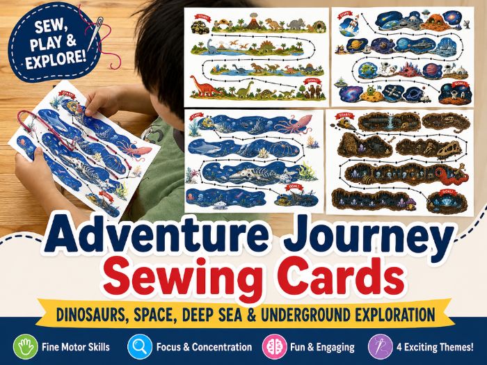 Adventure Journey Sewing Cards | Dinosaurs, Space, Deep Sea & Underground Exploration
