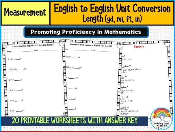 Conversion of English to English Unit (Length) (yd, mi, ft, in) Worksheets