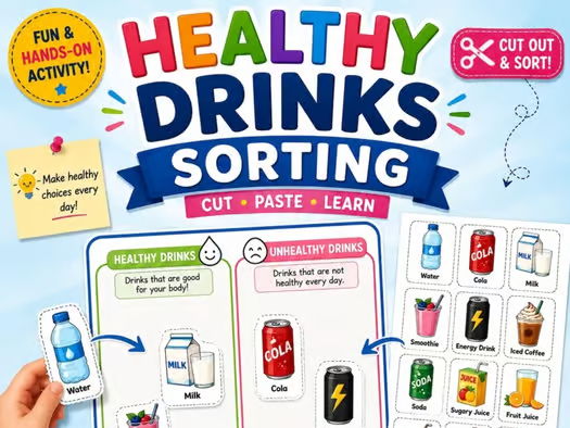 Healthy vs Unhealthy Drinks | Cut and Paste Sorting Activity