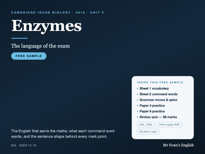 IGCSE Biology 0610 | Enzymes | EAL Worksheet Pack | Unit 5 | FREE SAMPLE