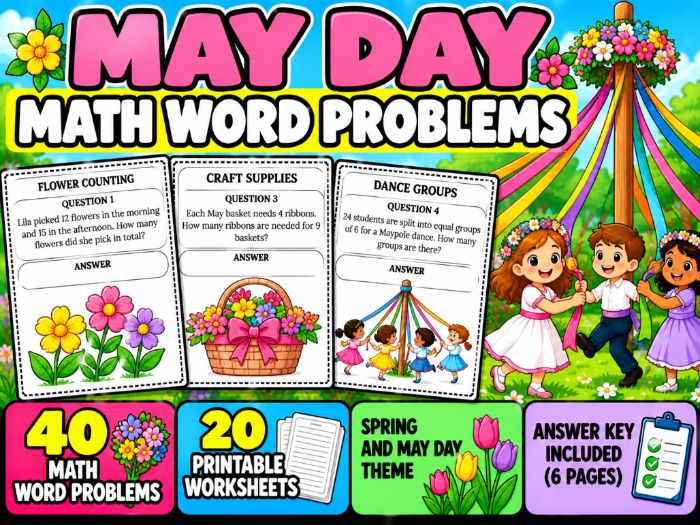 May Day Math Word Problems | 40 Worksheets with Answer Key