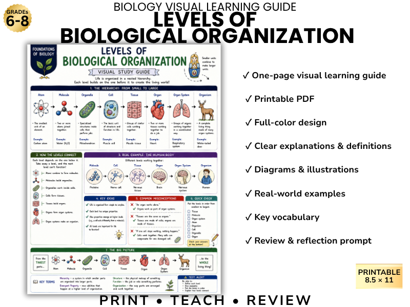 LEVELS OF BIOLOGICAL ORGANIZATION Biology Visual Learning Guide | Grade 8 & Middle School Science