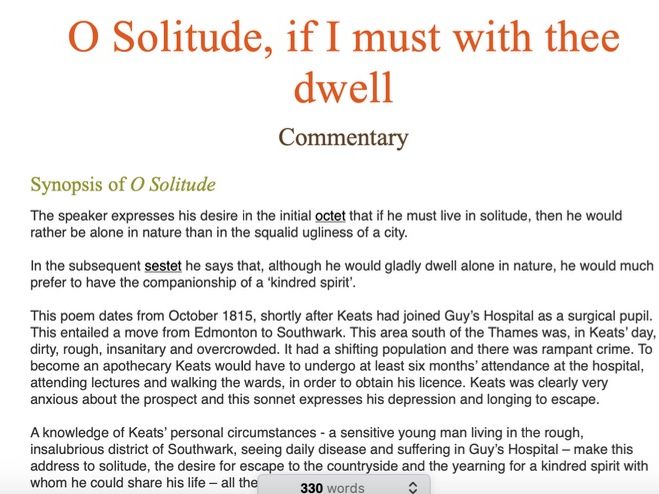 John Keats - O Solitude, if I must with thee dwell