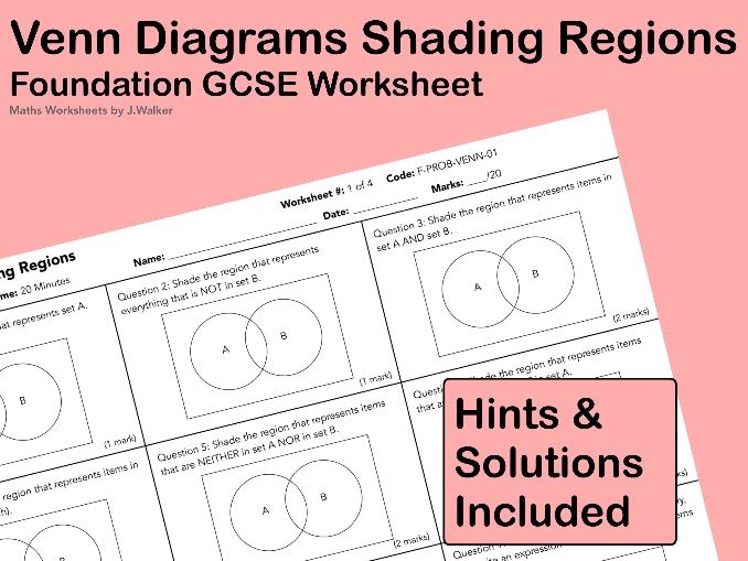 GCSE Maths Worksheet: Venn Diagrams Shading Regions - Foundation Tier
