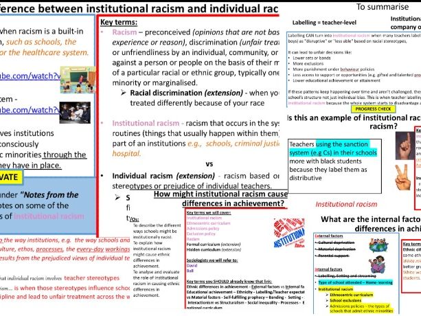 AQA GCSE Sociology Education: Ethnic differences in educational achievement - Institutional racism