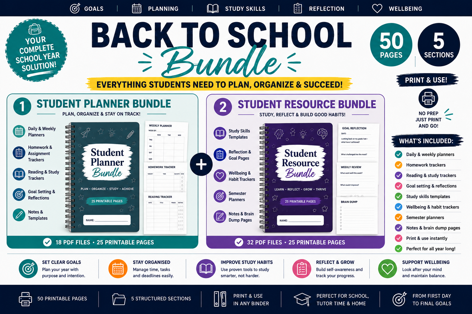 Back to School Bundle for Students | 75 Workbook & Planner Pages