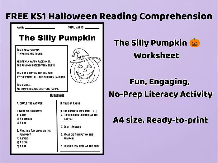 Free KS1 Halloween Reading Comprehension Worksheet | The Silly Pumpkin | Fun Literacy Activity