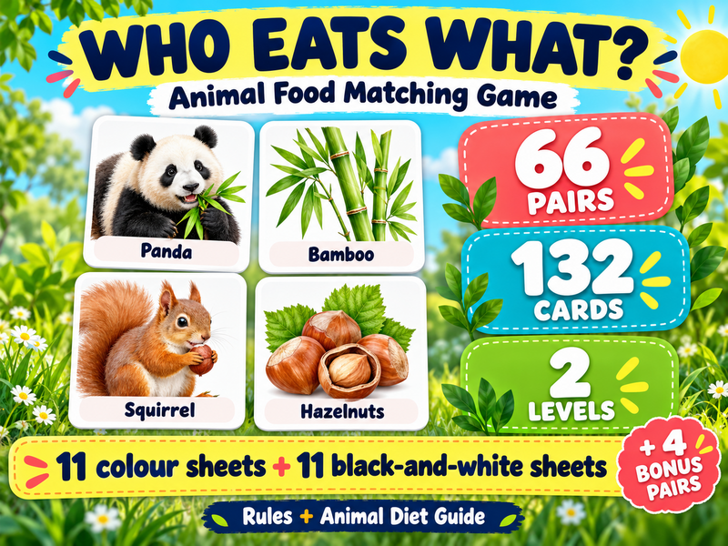 **Who Eats What? – Animal Food Matching Game with 60 Picture Pairs**