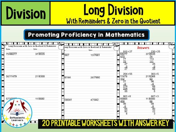 Long Division with Remainders and Zero in the Quotient Worksheets Math Problems