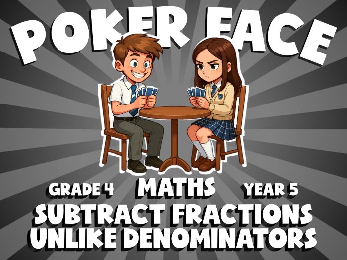 Subtract Fractions  Unlike Denominators POKER FACE Maths Game | No-Prep Year 5 Review Activity