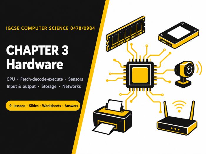 Cambridge IGCSE Computer Science (0478) Chapter 3: Hardware – 9 lessons + worksheets