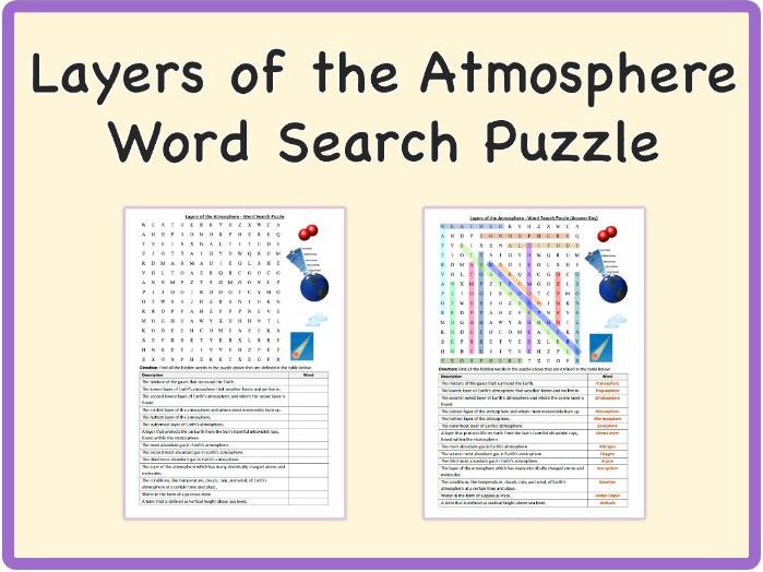 Layers of the Atmosphere - Word Search Puzzle Worksheet, PDF: Earth Science
