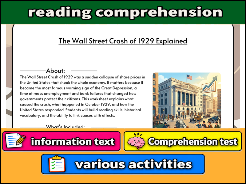 The Wall Street Crash of 1929 Explained  & Comprehension Test
